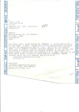 Telegrama congratulatório enviado pelo Sr. Waldomiro Rodrigues da Silva ao então Juiz Federal Mil...