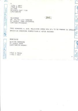 Telegrama congratulatório do Sr. Clayton Maranhão ao então Juiz Federal Milton Luiz Pereira quand...