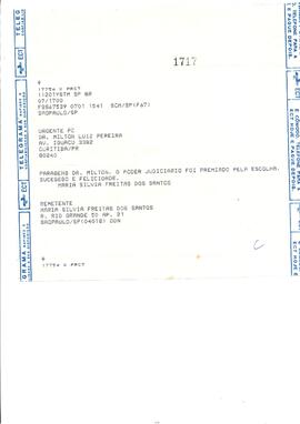 Telegrama congratulatório enviado pela Sra. Maria Silvia Freitas dos Santos ao então Juiz Federal...