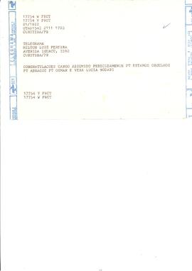 Telegrama congratulatório enviado pelo Sr. Osmar e a Sra. Vera Lucia ao então Juiz Federal Milton...