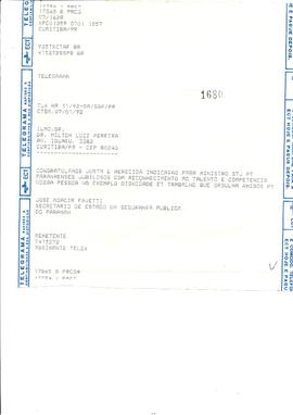 Telegrama congratulatório enviado pelo Sr. José Moacir Favetti ao então Juiz Federal Milton Luiz ...